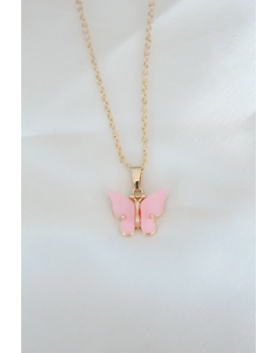 ® Gold Kaplama Pembe Sedefli Kelebek Kolye
