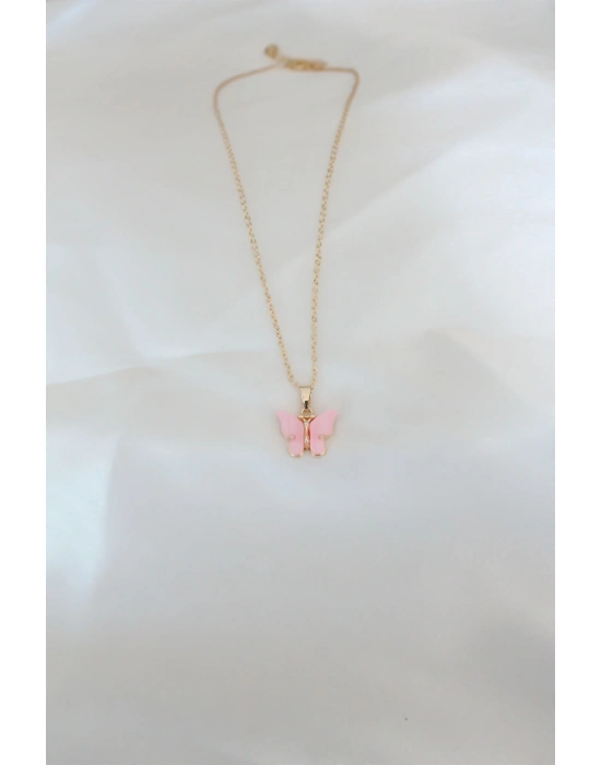 ® Gold Kaplama Pembe Sedefli Kelebek Kolye