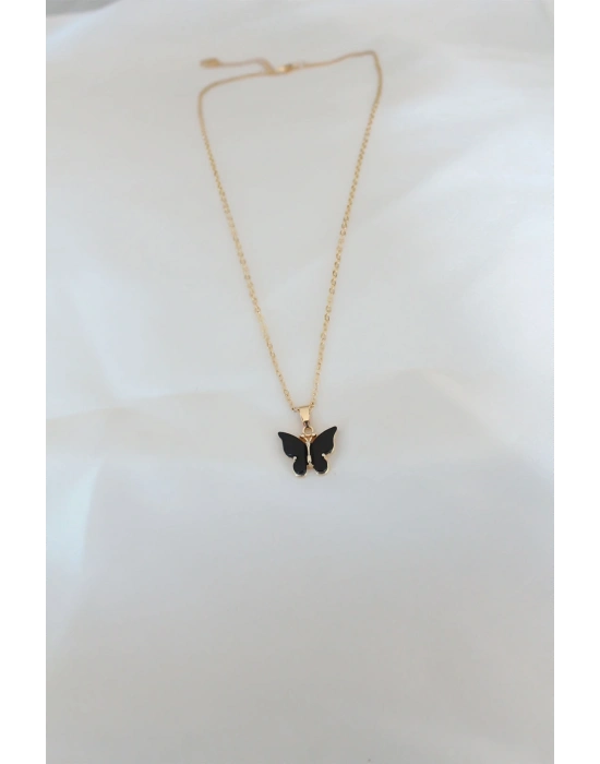 ® Gold Kaplama Siyah Renkli Sedefli Kelebek Kolye