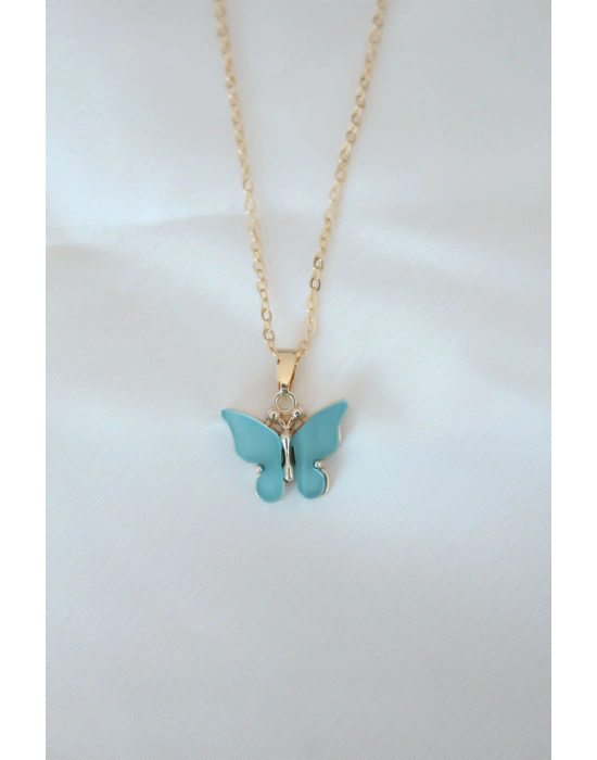 ® Gold Kaplama Turkuaz Renk Sedefli Kelebek Kolye