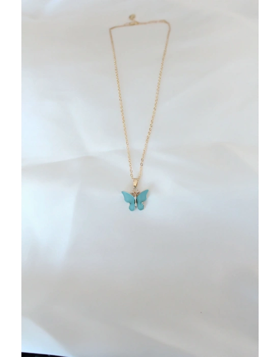 ® Gold Kaplama Turkuaz Renk Sedefli Kelebek Kolye