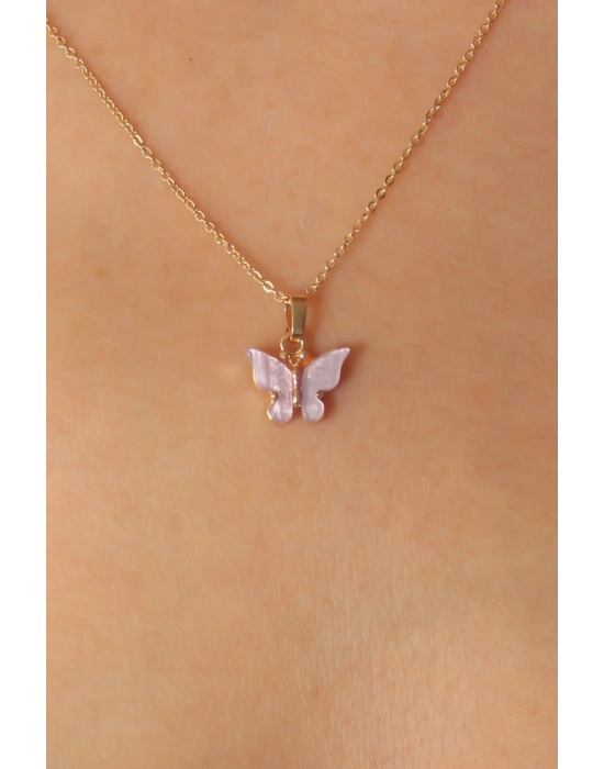 ® Gold Lila Renk Kelebek Figür Kadın Kolye
