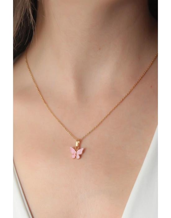 ® Gold Pembe Renk Kelebek Figür Kadın Kolye