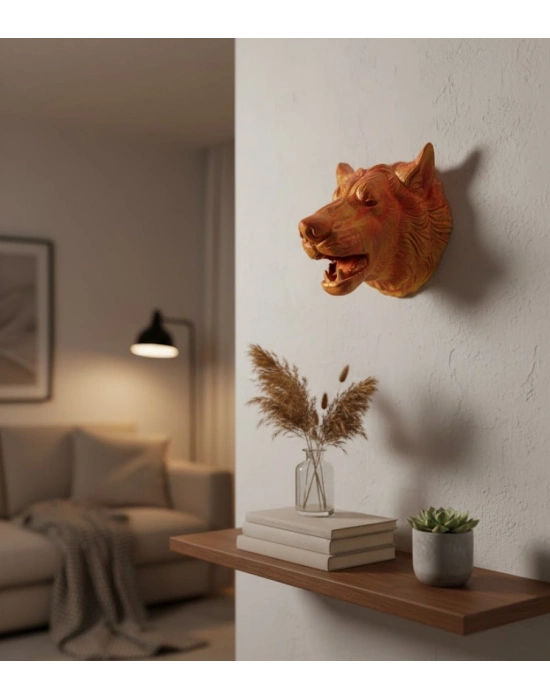 ® Gold Renk 3D Kurt Başı Duvar Dekoru