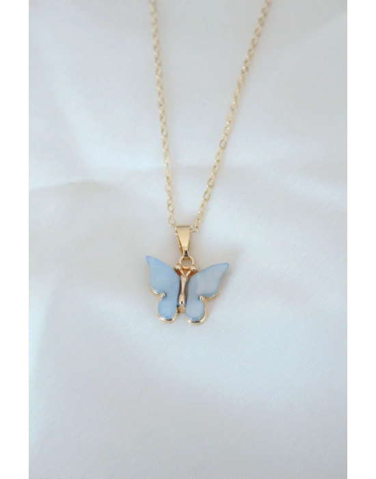 ® Gold Renk Kaplama Buz Mavisi Renk Sedefli Kelebek Kolye