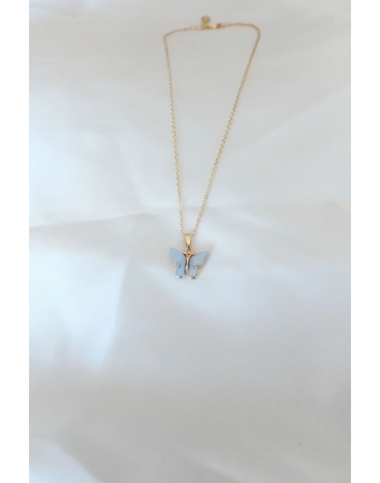 ® Gold Renk Kaplama Buz Mavisi Renk Sedefli Kelebek Kolye