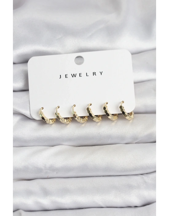 ® Gold Renk Pirinç Minimal Petek Detaylı Kadın Küpe Seti