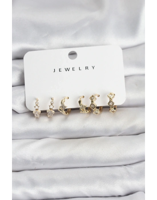 ® Gold Renk Pirinç Yıldız Modelli Kadın Küpe Seti