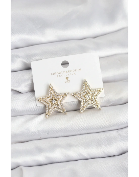 ® Gold Renk Pirinç Zirkon Taşlı Yıldız Model Kadın Küpe