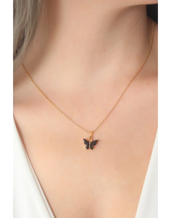® Gold Siyah Renk Kelebek Figür Kadın Kolye