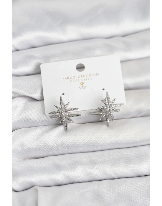 ® Gümüş Renk Pirinç Çift Taraflı Kutup Yıldızı Kadın Küpe