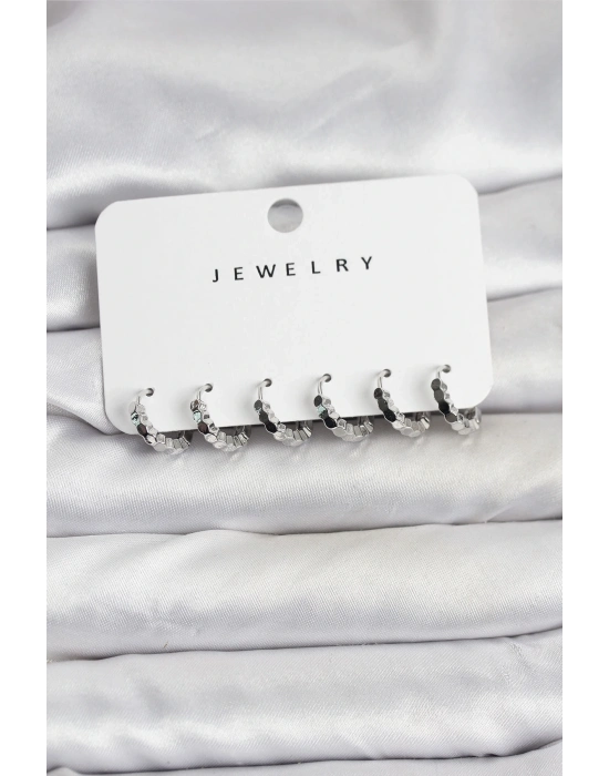 ® Gümüş Renk Pirinç Minimal Petek Detaylı Kadın Küpe Seti