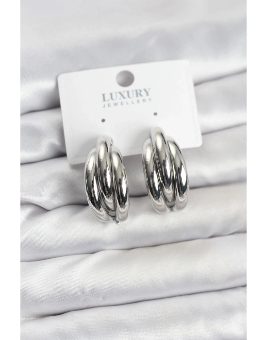 ® Gümüş Renk Pirinç Yarım Halka Model Kadın Küpe