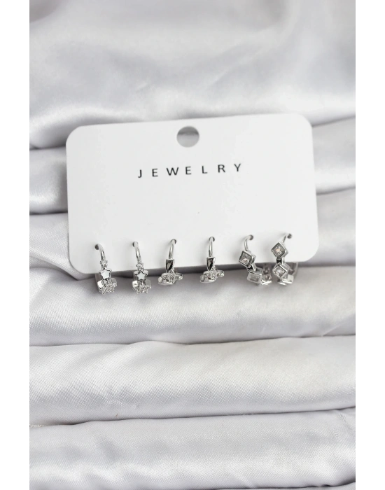 ® Gümüş Renk Pirinç Yıldız Modelli Kadın Küpe Seti