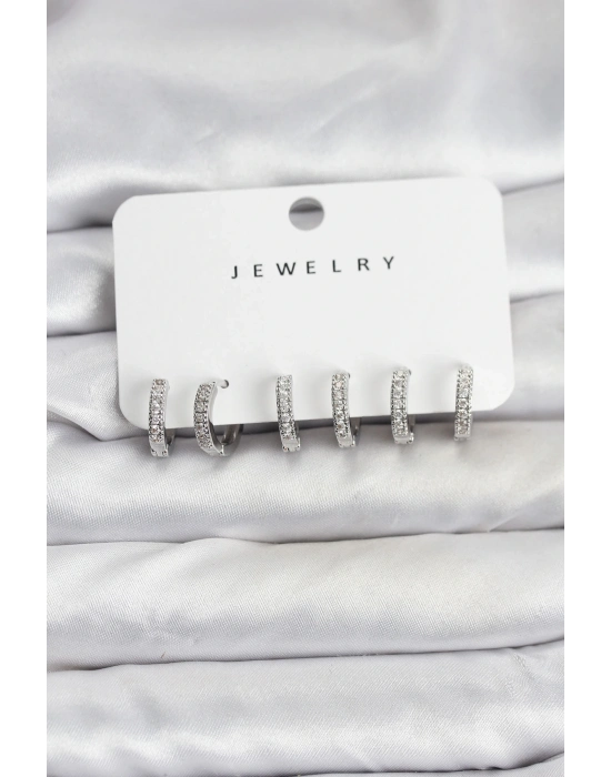 ® Gümüş Renk Pirinç Zirkon Taşlı Halka Kadın Küpe Seti