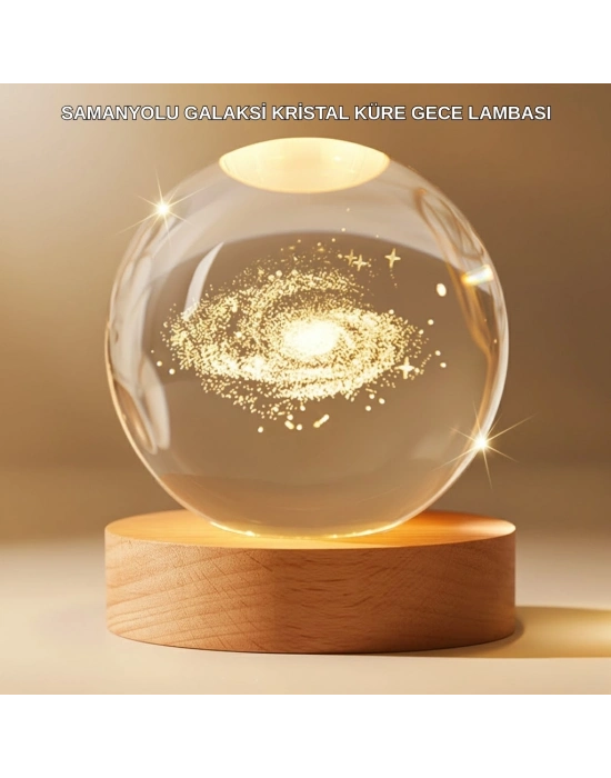 ® Gün Işığı LED’li 3D Kristal Galaksi Küre Ahşap Tabanlı Dekoratif Lamba