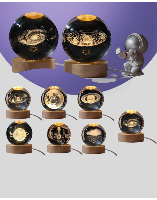 ® Gün Işığı LED’li 3D Kristal Galaksi Küre Ahşap Tabanlı Dekoratif Lamba
