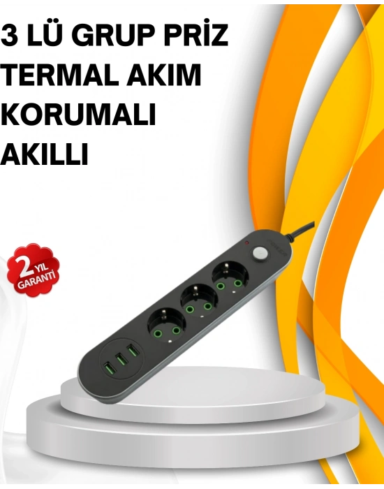 ® Hızlı Şarj Özellikli 3 USB Girişli Üçlü Priz
