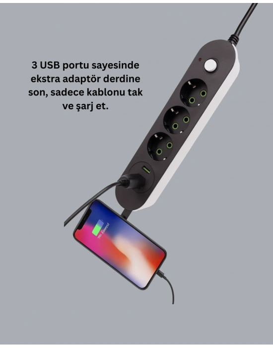 ® Hızlı Şarj Özellikli 3 USB Girişli Üçlü Priz