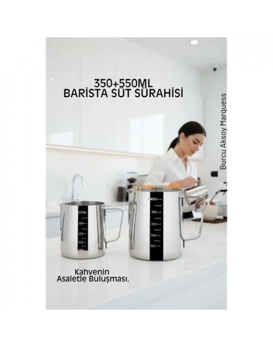 ® İnox 350ml-550ml Barista Süt Sürahisi Seti - Süt Köpürtme Potu -  Paslanmaz Çelik