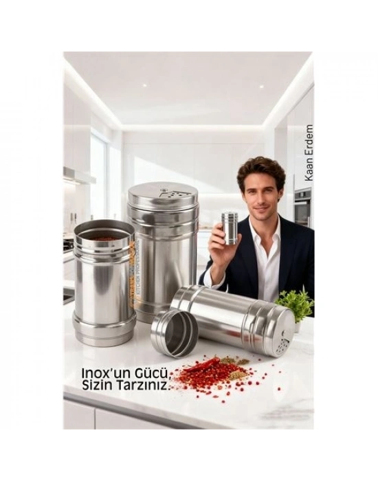® Inox 3’lü Baharatlık Seti - Ayarlanabilir Başlıklı Gurme Serisi 304 Paslanmaz Çelik