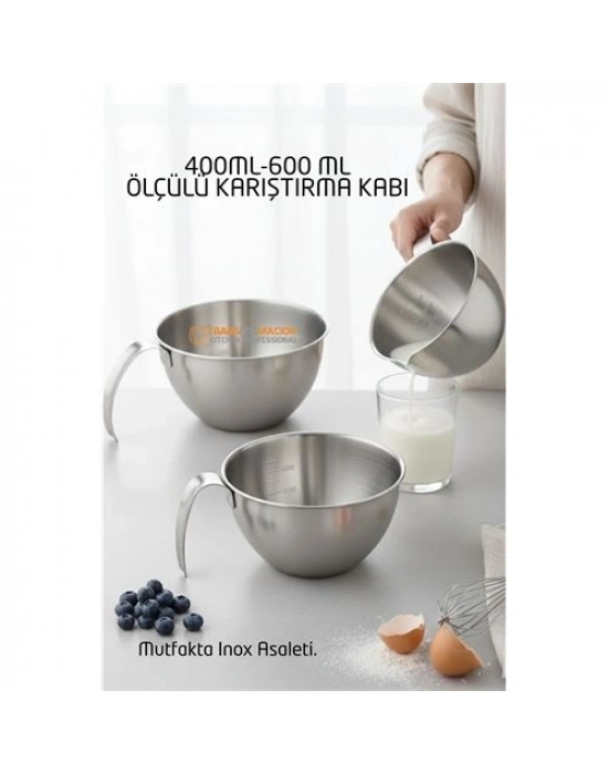 ® Inox Çelik Profesyonel Ölçülü Karıştırma Kabı Seti -400-600 ml Sos & Hazırlık Şefi Serisi