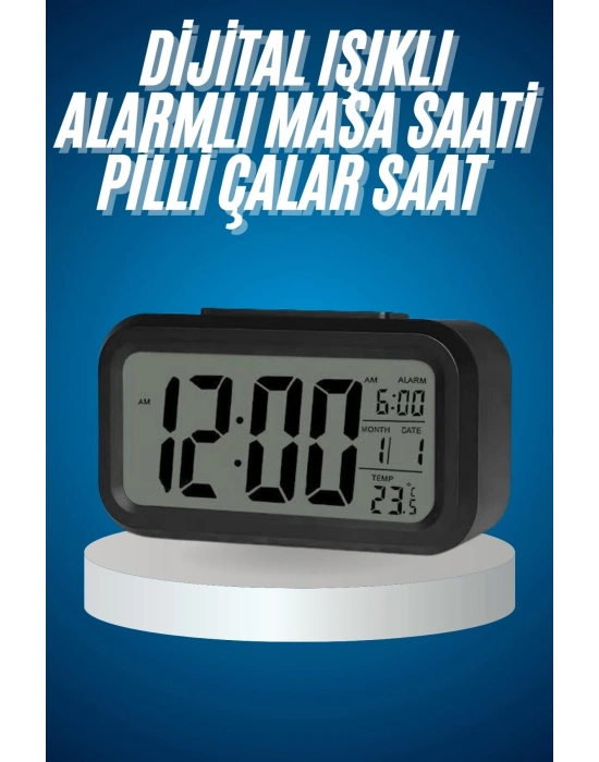 ® Işıklı Dereceli Masa Ofis Saati Alarmlı Termometre Takvim Çalar Saat