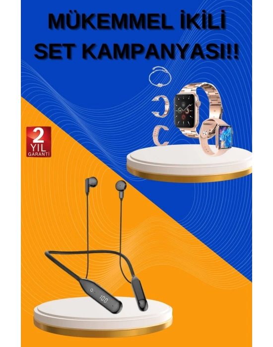 ® Kablolu Bluetooth Kulaklık ve Kadınlara Özel Bileklik Hediyeli Yeni Nesil Akıllı Saat 3 Kordonlu