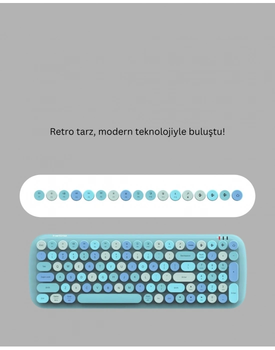 ® Kablosuz Retro Klavye ve Mouse Seti – 104 Tuşlu Sevimli Tasarım