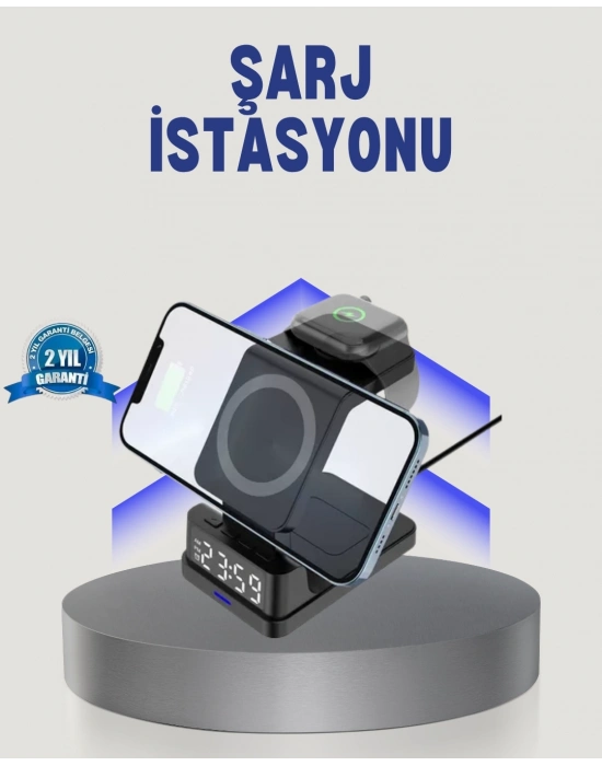 ® Kablosuz Şarj Cihazı ve Dijital Saat – 4’ü 1 Arada Hızlı Şarj, Apple Uyumlu, LED Işıklı Tasarım