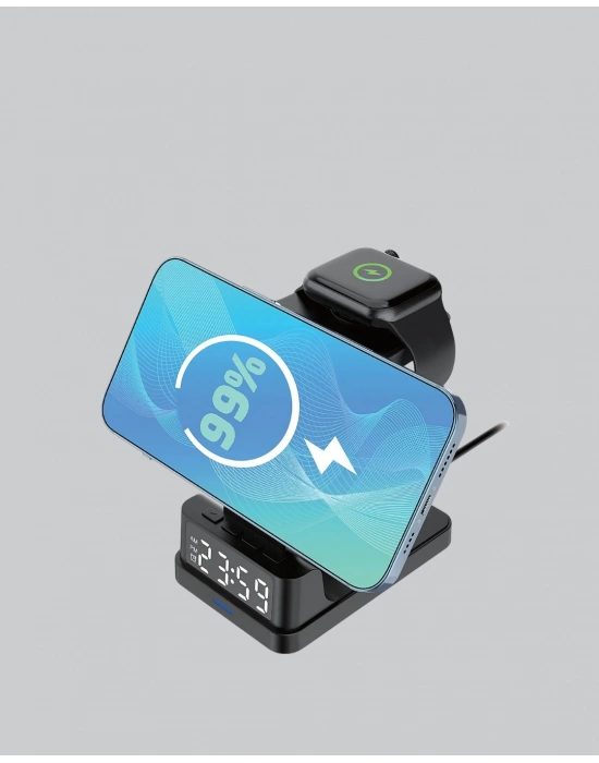 ® Kablosuz Şarj Cihazı ve Dijital Saat – 4’ü 1 Arada Hızlı Şarj, Apple Uyumlu, LED Işıklı Tasarım