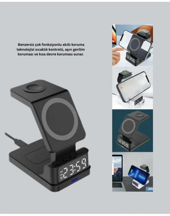 ® Kablosuz Şarj Cihazı ve Dijital Saat – 4’ü 1 Arada Hızlı Şarj, Apple Uyumlu, LED Işıklı Tasarım