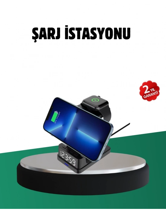® Kablosuz Şarjlı Dijital Masa Saati – 3 Parlaklık Seviyeli LED, Hızlı Şarj, Apple Uyumlu