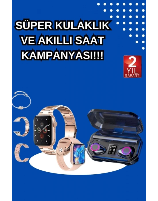 ® Kadınlar İçin 3 Kordonlu Akıllı Saat ve Dijital Göstergeli Powerbankli Bluetooth Kulaklık Dokunmatik Kontrol