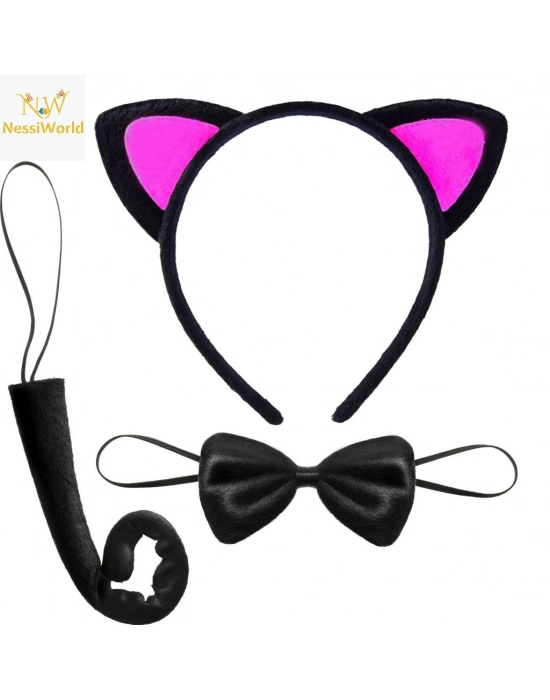 Kedi Kulak Taç Kuyruk ve Papyon 3 lü Set Çocuk Boy Fuşya Renk
