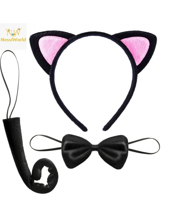 Kedi Kulak Taç Kuyruk ve Papyon 3 lü Set Çocuk Boy Pembe Renk