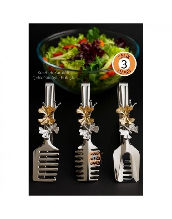 ® Kelebek Figürlü 3’lü Paslanmaz Çelik Servis Maşası Seti - Salata, Pasta ve Izgara Maşası