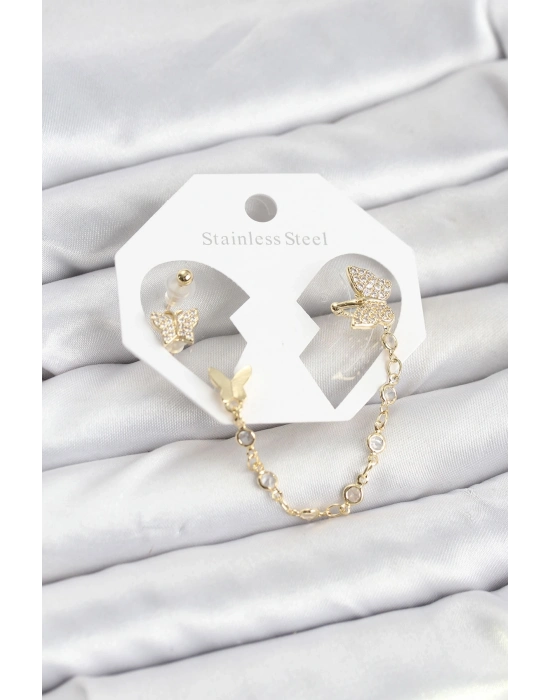 ® Kelebek Model Pirinç Gold Renk Zincir Bağlantılı Ear Cuff Küpe Seti