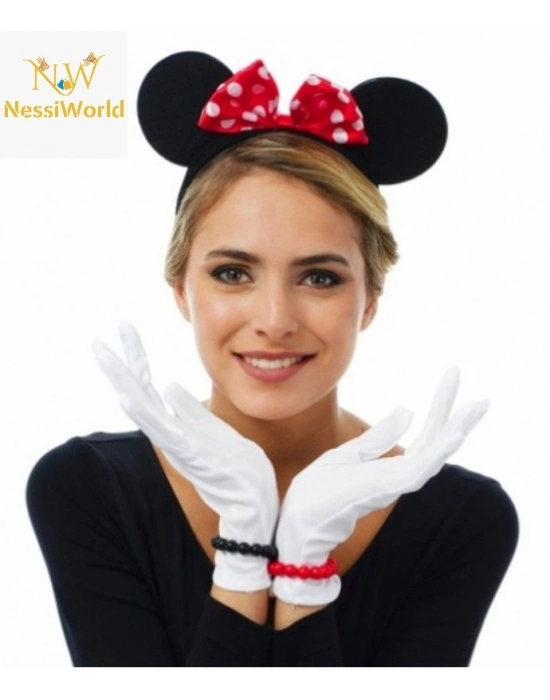 Kırmızı Fiyonklu Minnie Mouse Tacı ve Beyaz Eldiven Seti