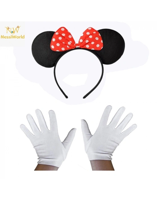 Kırmızı Fiyonklu Minnie Mouse Tacı ve Beyaz Eldiven Seti