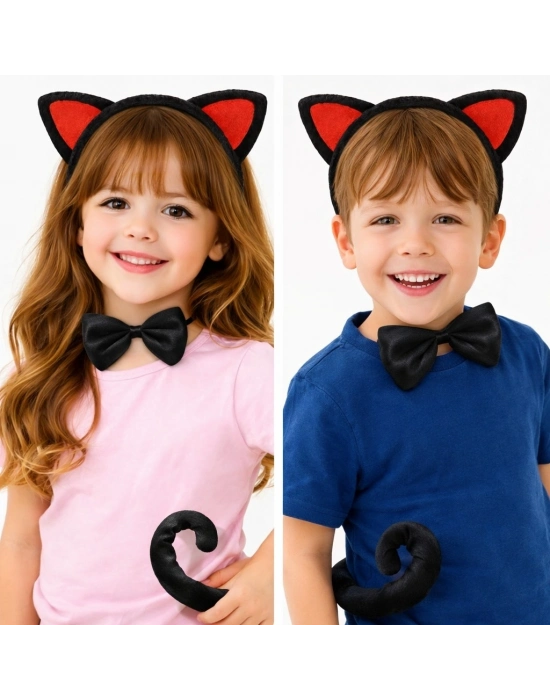 Kırmızı Kulaklı Kedi Kostüm Seti – Taç Papyon Kuyruk 3 Parça
