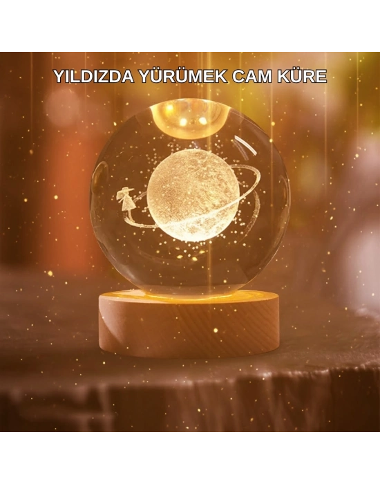 ® Kız Figürlü Sarı Cam Küre Işıklı Büyük Boy Ahşap Standlı Dekor