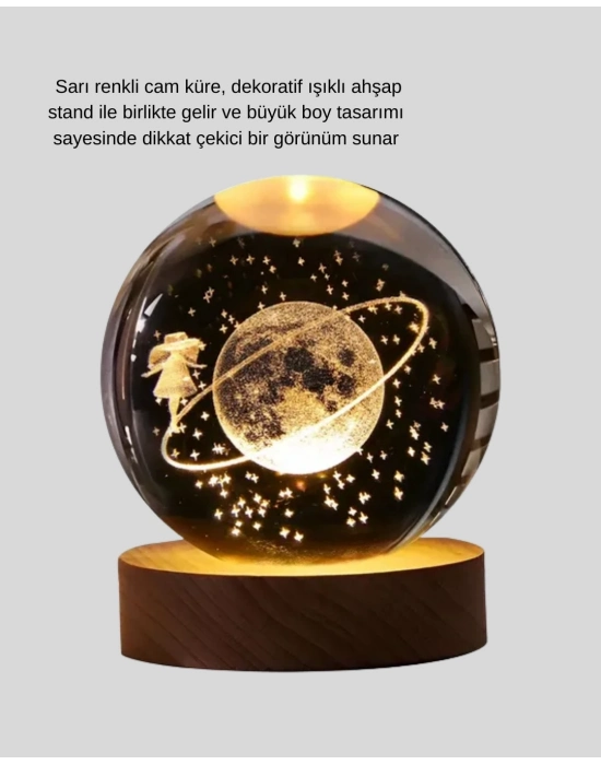 ® Kız Figürlü Sarı Cam Küre Işıklı Büyük Boy Ahşap Standlı Dekor