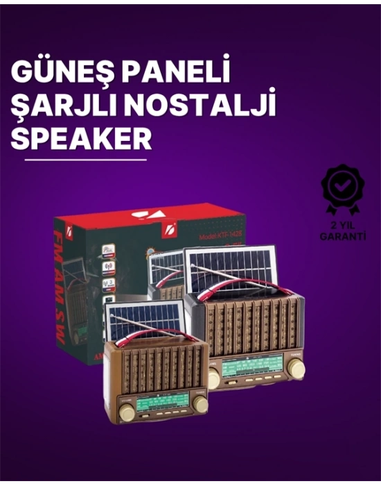 ® KTF-1428 Güneş Paneli Şarjlı Nostaljik Bluetooth Hoparlör – FM/AM/SW Radyo, USB/SD Desteği, Taşınabilir Tasarım