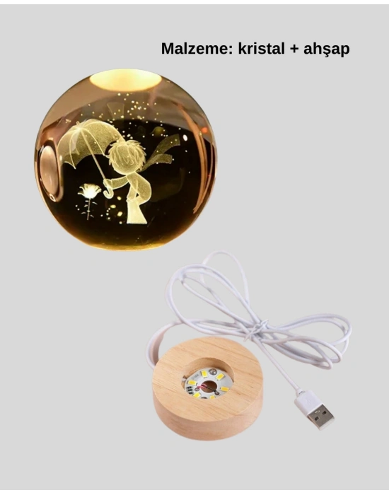® Küçük Prens Figürlü 3D Kristal Top Sıcak Işıklı USB Ahşap Tabanlı Dekor Lamba