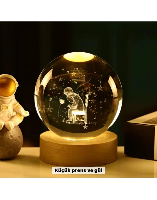 ® Küçük Prens Temalı Büyük Boy Işıklı Cam Küre Ahşap Stand