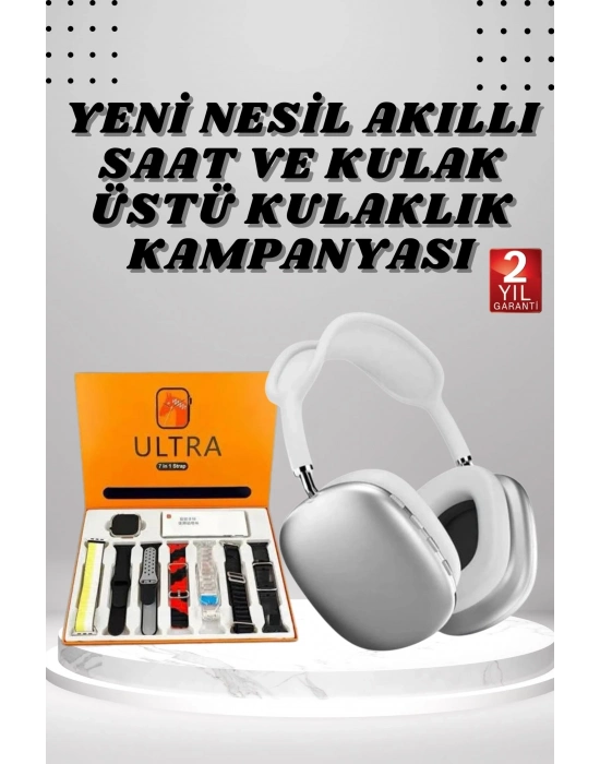 ® Kulak Üstü P9 Kablosuz Bluetooth Kulaklık ve 7 Kordonlu Akıllı Saat