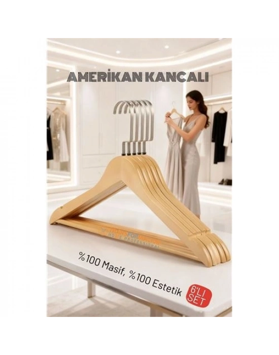 ® LasVegas Ahşap Elbise Askısı - 6lı Set, Lüks Amerikan Kancalı Gardırop Düzenleyici