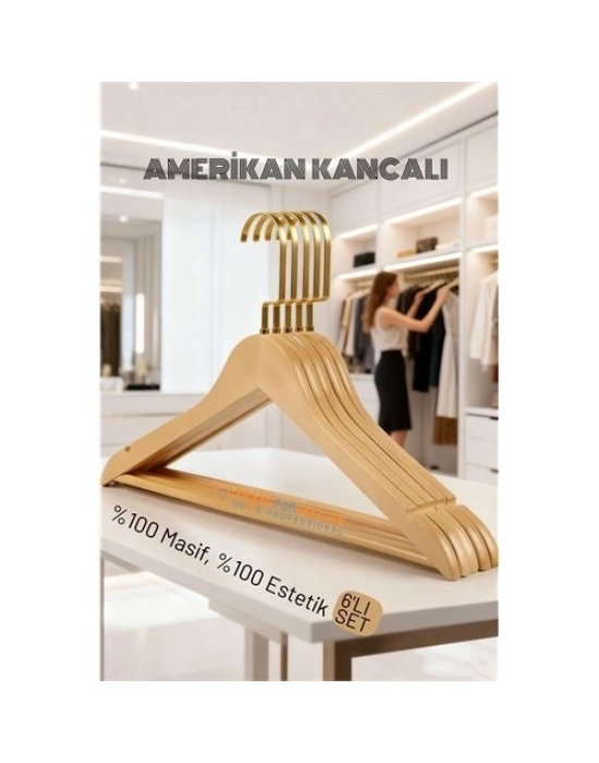 ® LasVegas Ahşap Elbise Askısı - 6lı Set, Lüks Amerikan Kancalı Gardırop Düzenleyici