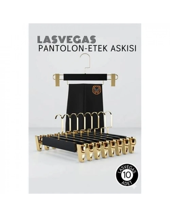 ® LasVegas  Siyah Ahşap Pantolon ve Etek Askı Seti 10lu Set, Lüks Amerikan Kancalı